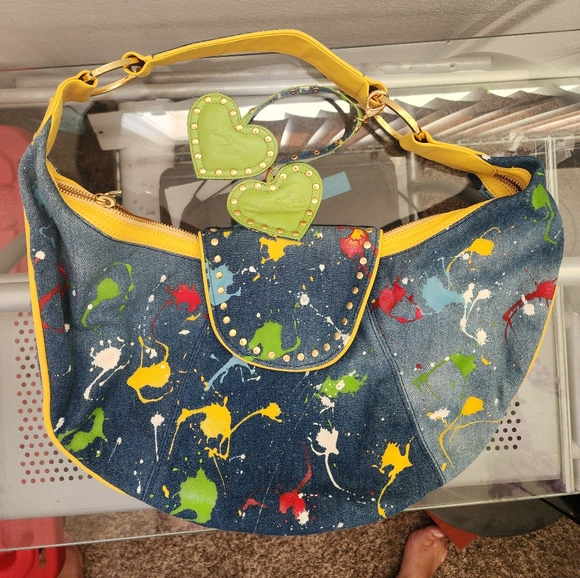 Junior Drake Handbags - Junior Drake Y2K Paint Splatter Denim Shoulder Bag Heart Charms